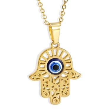 Imagem de MiiFort Mão de Fátima Hamsa Olho turco Khamsah Colar com pingente de aniversário, pingente da sorte, presente para mulheres, mães, irmãs, filhas, netas, ouro