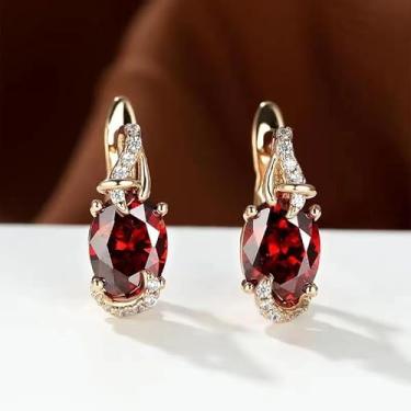 Imagem de Brincos femininos elegantes de cristal azul, brincos pendentes de corte oval com tom dourado e detalhes de zircônia cúbica, joias modernas simples para uso diário ou formal, One size, Metal, Sem pedra