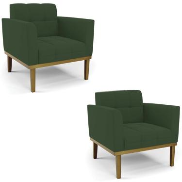 Imagem de Poltrona Base Madeira Castanho Kit 2 Ana Veludo Verde - Ibiza