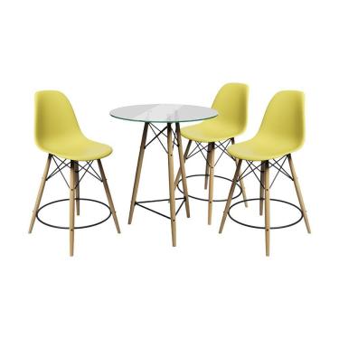 Imagem de Conjunto Mesa Bistrô Eames Eiffel Vidro Com 3 Banquetas Amarelas De Madeira - Cor: Amarelo