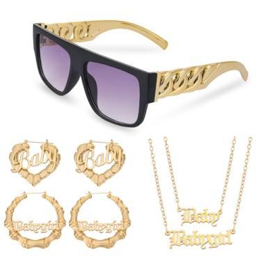 Imagem de JATEBI Conjunto de acessórios de rapper para fantasia de hip hop dos anos 80 anos 90 com óculos, brincos de bambu, pingente de letras, colares para tema cosplay, festa de Halloween