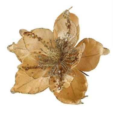 Imagem de Pingente de flor de Natal simulada multicamadas 22 cm de pano de flores de Natal feito à mão enfeites de árvore de Natal jardim (ouro)