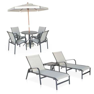 Imagem de Conjunto 1 Mesa + 4 Cadeiras + 2 Espreguiçadeiras + 1 Mesinha De Centro - Graffite Com Tela Cinza