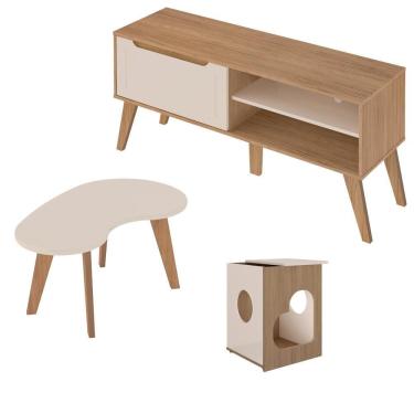 Imagem de Rack 60 Pol Mesa Centro E Apoio Sala Lop4 Carvalho Off White Arly