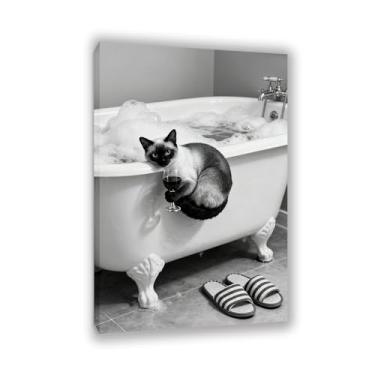 Imagem de Arte de parede em tela de banheiro preto e branco com estampa de animal fofo e engraçado gato enrolado em uma banheira para banheiro banheiro decoração de casa moldura de 60 x 40 cm (24 x 16 polegadas