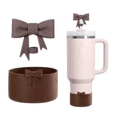 Imagem de AXMCCH Tampa de garrafa de silicone de 7,5 cm e topo de canudo em forma de laço de 10 mm para copo Stanley de 340 a 1,134 g (2 peças marrom escuro)