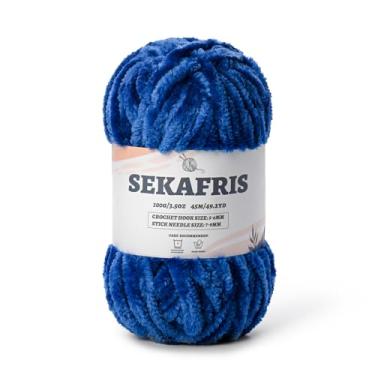 Imagem de Fio de chenille grosso felpudo para crochê, fios de pelúcia macios para tricô à mão, fio de cobertor de bebê volumoso de 100 g (49,2 m) para crochê Amigurumi, fios de veludo fofos de crochê (azul