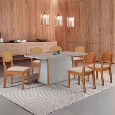 Imagem de Mesa Jantar Diane 180cm Tampo Mdf Vidro 6 Cadeiras Copper Prem Moderna Veludo Creme Off White Serigrafia