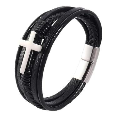 Imagem de Pulseira masculina de couro cruzada, punho trançado de vários fios com fecho seguro, joia de fé cristã para ele., One Size, Material misto, Sem Pedra Preciosa