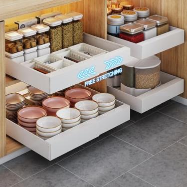 Imagem de Organizador de armário extraível gavetas extensíveis alta resistência fixadas com filme adesivo para panelas prateleira extensível armazenamento em organização base da cozinha despensa banheiro