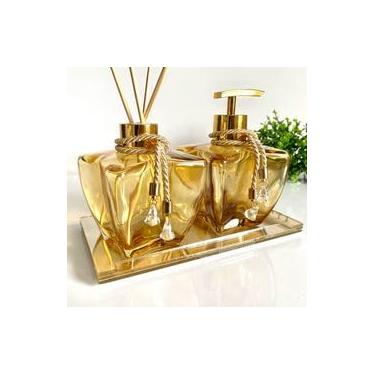 Imagem de Kit Lavabo Estrela Mel com Detalhes Dourados 280ml Difusor Saboneteira + Bandeja Espelhada(DOURADO,COM BANDEJA)