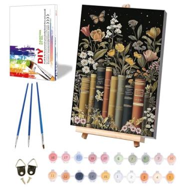 Imagem de xackcme Pintura de livros por números para adultos com tela emoldurada - com cavalete de madeira, pintura de flores por número em tela, livros faça você mesmo, kits de pintura a óleo acrílica com