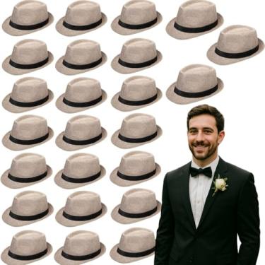 Imagem de GEWURIZXY Pacote com 16 chapéus Fedora a granel para casamento, praia, aba curta, sol, panamá, chapéus para convidadas, lembrancinhas de festa, circunferência 58 cm (bege verde)