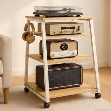 Imagem de Prateleira de console, suporte de mídia AV de 4 níveis com 2 ganchos, gabinete AV com tiras de luz LED, prateleira para console de jogos, estável e espaçosa, fácil de montar (maple)