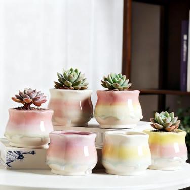 Imagem de Togestar Vasos de cerâmica para suculentas, 9 cm L x 8 cm A, conjunto de 6, esmalte gelado de cor gradiente