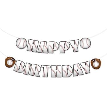 Imagem de Faixa Happy Birthday Beisebol, Decorações Festa Aniversário Esportivo Bandeirola Pré-Enfiada Textura Beisebol para Adultos Crianças Homens Cenário Fotografia