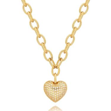 Imagem de POTESSA Colar com pingente banhado a ouro 18K medalhão moeda coração em forma de Y para mulheres joias, Banhado a ouro, Zircônia cúbica