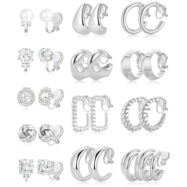Imagem de Wrlcorly 13 pares de brincos de pressão para mulheres, banhado a ouro 14 K, brincos de argola grossa, zircônia cúbica, tubo torcido, gota d'água, croissant, conjunto de joias de brincos falsos e