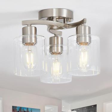 Imagem de Luz de teto Doltoro de 3 luzes em vidro transparente de níquel escovad