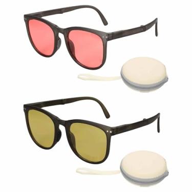 Imagem de HARFINGTON 2 conjuntos de óculos de sol para mulheres e homens, óculos de sol modernos dobráveis em policarbonato com caixa simples de proteção solar para dirigir, fazer compras e tirar fotos, marrom