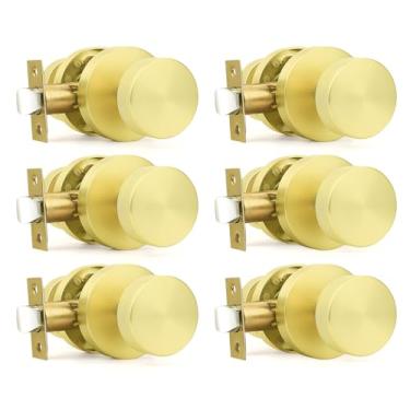 Imagem de Orger Puxadores de porta de passagem dourada interior, maçanetas de porta de armário de ouro escovado sem chave de liga de zinco, maçanetas modernas de latão escovado serrilhado resistente para