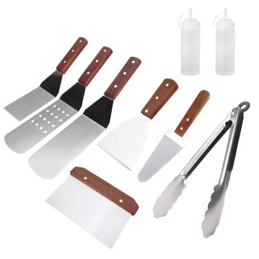 Imagem de Kit de Acessórios para Churrasco Flat Top com 9 Peças - Conjunto Utensílios em Aço Inoxidável Espátula Hambúrguer Raspad