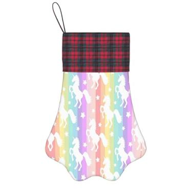 Imagem de SKKNT Unicórnios em listras coloridas estampadas meias de Natal animais de estimação decoração de natal cães gatos árvore decoração doce presente conveniente