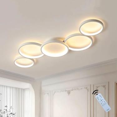 Imagem de Luminária de teto LED dimerizável 3000K-6000K, design moderno com 5 anéis, personalidade criativa, branca, ideal para sala de estar, quarto, sala de jantar, cozinha, corredor e escritório. D