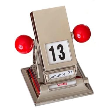 Imagem de Calendário de mesa mecânico retrô de liga metálica, calendário perpétuo de mesa com visor flip, indicadores de dia e mês, design criativo de calendário perpétuo de mesa, embalagem de caixa de presente