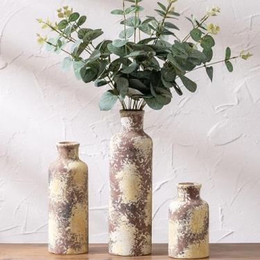 Imagem de Conjunto de 3 vasos de cerâmica, vasos de flores decorativos com padrão rústico para casa de fazenda, decoração de casa, cornija de prateleira de mesa, sala de estar, entrada, centro de mesa de
