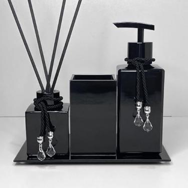Imagem de Kit Lavabo Preto Luxo com Bandeja Vidro Porta Escova Saboneteira e Difusor Decorativo Moderno (DOURADO,SEM BANDEJA)