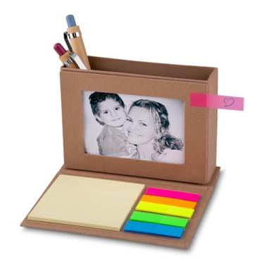 Imagem de Bloco de Notas Adesivas com Porta-Canetas e Porta-Retrato, Papelão Reciclado, Mini, Capa Dura, 5 Cores, 25 Folhas por Bloco, Retangular (1, Marrom)