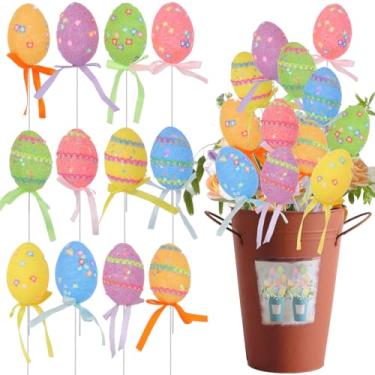 Imagem de JIE CARALL 12 palitos de espuma de ovo de Páscoa, palitos de ovos coloridos brilhantes, hastes florais com enfeite de bolo de laço, enfeite de arranjo para decoração de mesa e centro de mesa