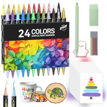 Imagem de QFOUR Art Supplies, conjunto de marcadores de acrílico de 24 cores com 20 unidades, canetas de tinta fina e ponta de pincel para madeira, pedra, vidro e cerâmica, presente de Natal