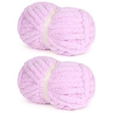 Imagem de Fio de chenille leve Pruple grosso para crochê fácil, tricô de braço de mão, fio de pelúcia super volumoso macio e quente para cobertores, fios de chenille grandes e grossos para iniciantes (2 peças