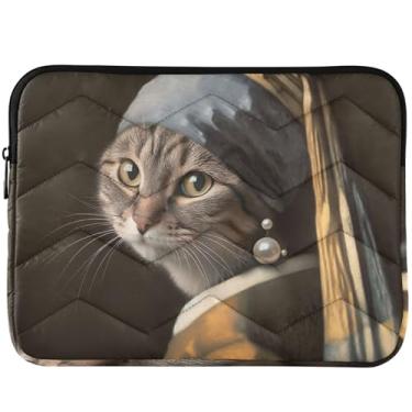 Imagem de Capa para notebook engraçada gato com brinco de pérola, capa acolchoada para notebook com estampa de animais, capa para laptop universal 14 13 polegadas