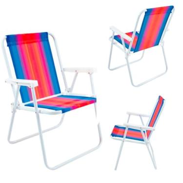 Imagem de Cadeira de Praia Alta Dobrável de Alumínio - Resistente com Apoio de Braço e Tecido Durável, Portátil para Camping, Varanda e Lazer ao Ar Livre (CADEIRA COLORIDA)