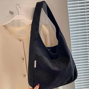 Imagem de Bolsa de veludo cotelê, bolsa casual de ombro único de cor sólida com fecho de zíper, bolsa versátil para trabalho, passeios casuais, preta