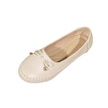 Imagem de Mocassins femininos com detalhe de laço, bico redondo, bico fechado, sola macia, calçado casual, Branco, 38