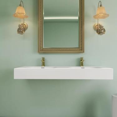 Imagem de HIGEINE Pia de banheiro de superfície sólida de resina de pedra atualizada de 122 x 45 cm - pias de vaso montadas na parede ou bancada, design branco fosco retangular com orifícios duplos, lavatórios