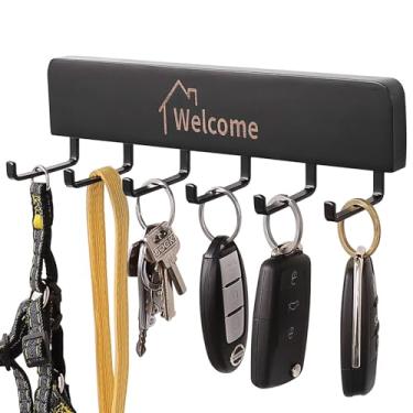 Imagem de SCUNDA Porta-chaves de madeira com ganchos de metal, sem adesivo de perfuração e parafusos, organizador de entrada de parede para chaves, casacos, chapéus, decoração de parede rústica de casa de