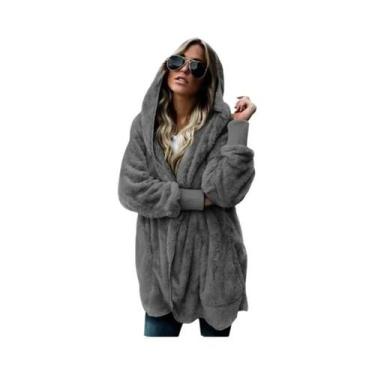 Imagem de Casaco Cardigan Feminino Oversized Com Capuz Duplo De Fleece, Manga Lo