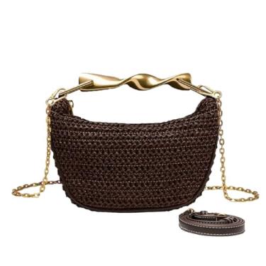 Imagem de Mini bolsas transversais de palha para mulheres verão praia bolsa bolsa de mão embreagem alça superior com 2 alças de ombro café