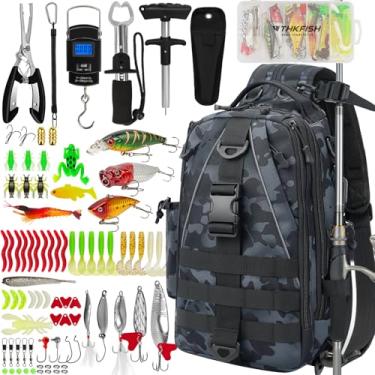 Imagem de THKFISH Kit de ferramentas de pesca com 85 peças, mochila de pesca com caixas incluídas, kit de equipamentos de pesca inclui kit de isca de pesca, alicate de pesca, removedor de anzol, garra labial