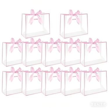Imagem de 12 sacos de presente transparentes com alças 30,5 cm x 25,4 cm x 12,7 cm saco de plástico para embrulho de presente com fita reutilizável para lembrancinhas de festa para dia dos namorados, casamento