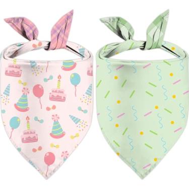 Imagem de Bandanas de aniversário para cães, dois lados, todas as 4 estampas, reversíveis, grandes, para animais de estimação, pacote com 2, conjunto de celebração, xadrez, triângulo, ajustável, férias, rosa