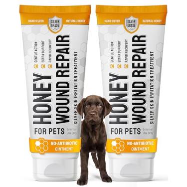 Imagem de Pomada reparadora de feridas de mel em forma de gel para cuidados com ferimentos de cães – Arranhões, mordidas, cortes e pontos quentes para todas as raças – Pacote com 2 conjuntos de mel e prata para