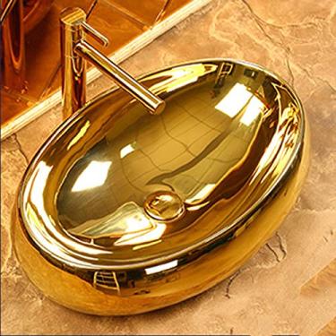 Imagem de Pia dourada, bacia de balcão de luxo de estilo europeu, bacia de arte de cerâmica é adequada para banheiro, hotel, casa, fácil de limpar, resistente a arranhões e rusoof A (C)
