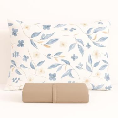 Imagem de Kit Jogo de Lençol Micropercal 400 Fios Fronha Estampada Floral Azul(Avelã,Queen)