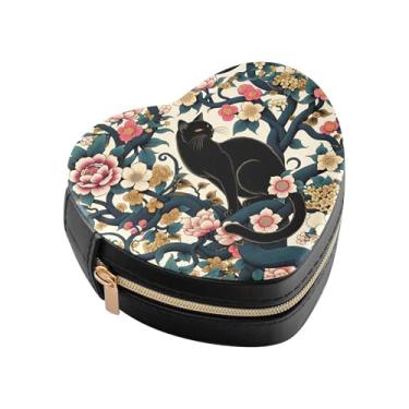 Imagem de Burbuja Caixa de joias de gato preto em flores em forma de coração, mini estojo de viagem para mulheres e meninas, organizador portátil de armazenamento para brincos, anéis, colares e pulseiras